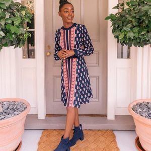 🆕 Gal Meets Glam Carlene Woodblock Stripe Button Front Dress in Navy & Red